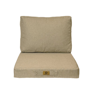 Ensemble de coussins beige 50x50 cm en lin déhoussable pour fauteuils et canapés, avec coussin d'assise et dossier.