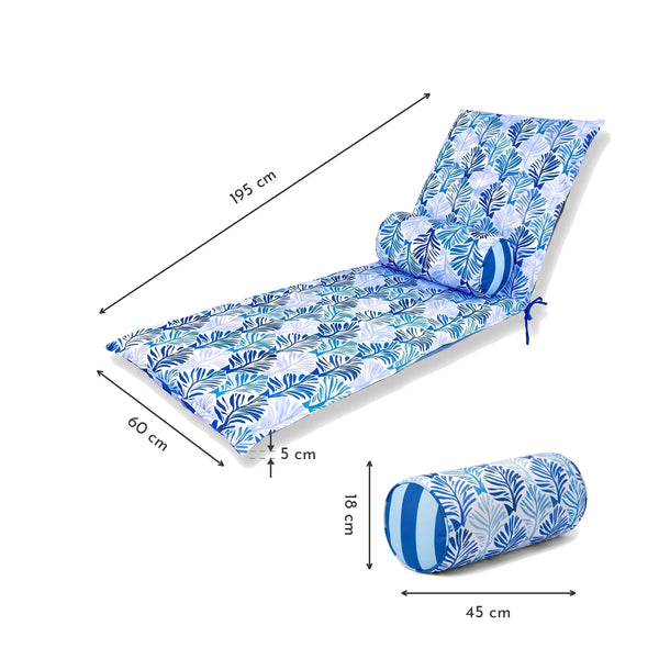 Matelas transat 195x60 motif Feuillage Bleu – dimensions 195 x 60 x 5 cm, traversin 45 x 18 cm