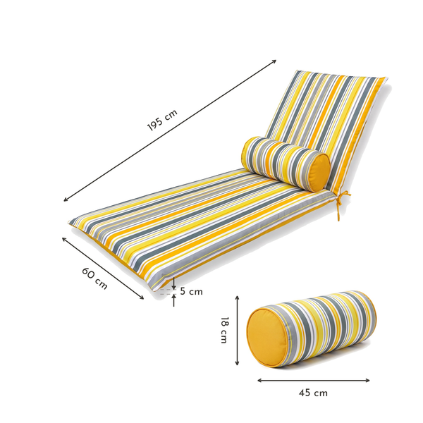 Matelas transat 195x60 motif Rayures Solaires – dimensions 195 x 60 x 5 cm, traversin 45 x 18 cm