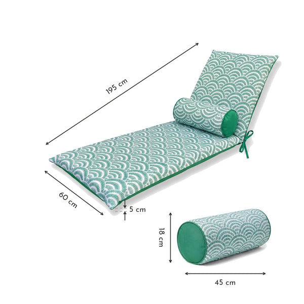 Matelas transat 195x60 motif Éventails Verts – dimensions 195 x 60 x 5 cm, traversin 45 x 18 cm