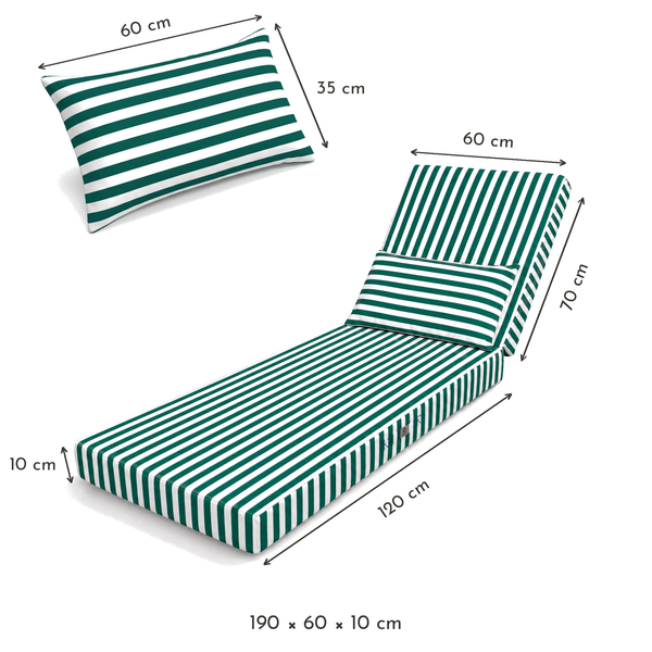 Sun lounger mattress, green stripes – dimensions 190 x 60 x 10 cm (seat 120 cm, backrest 70 cm), headrest pillow 60 x 35 cm