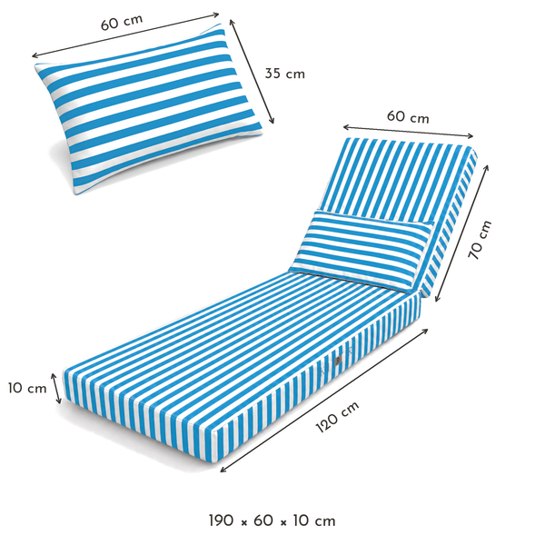 Matelas transat à rayures turquoise – dimensions 190 x 60 x 10 cm (assise 120 cm, dossier 70 cm), têtière 60 x 35 cm