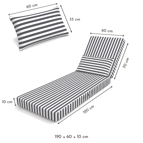 Liegenauflage, dunkelgraue Streifen – Maße 190 x 60 x 10 cm (Sitzfläche 120 cm, Rückenteil 70 cm), Kopfkissen 60 x 35 cm