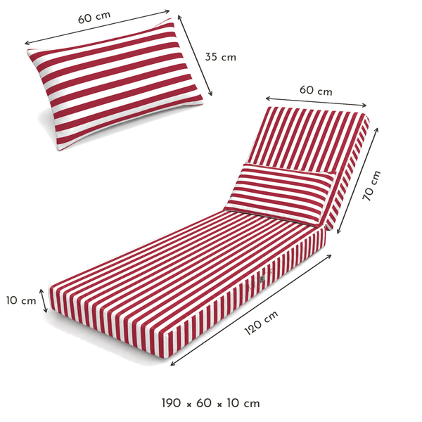 Matelas transat à rayures rouges – dimensions 190 x 60 x 10 cm (assise 120 cm, dossier 70 cm), têtière 60 x 35 cm