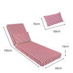Matelas transat bain de soleil rouge rayé, épais 10cm avec têtière, déhoussable, pour détente en extérieur.