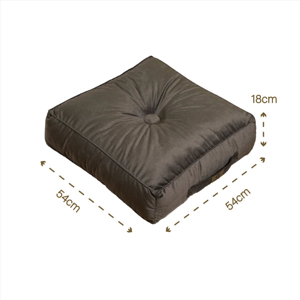 Deux poufs en velours gris foncé, taille XL 54x54 cm, avec épaisseur de 18 cm, pour un intérieur confortable et élégant.