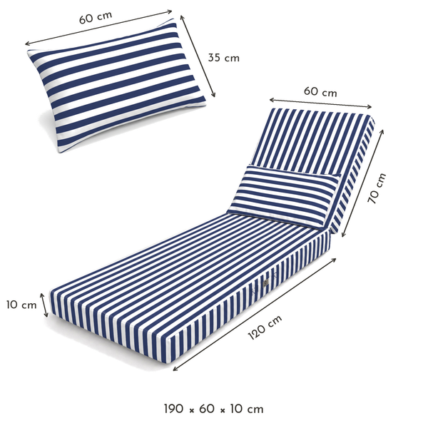 Matelas transat à rayures bleu marine – dimensions 190 x 60 x 10 cm (assise 120 cm, dossier 70 cm), têtière 60 x 35 cm