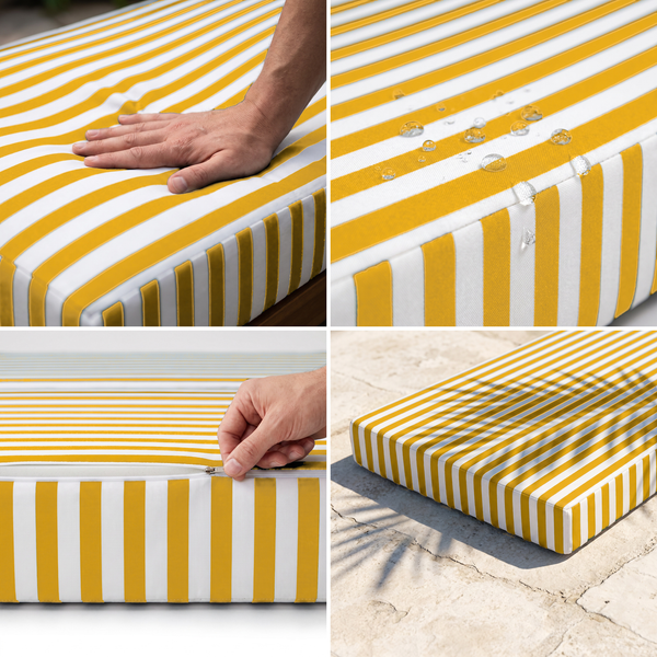 Matelas transat à rayures jaunes : mousse haute densité moelleuse, tissu déperlant, housse déhoussable, anti-UV