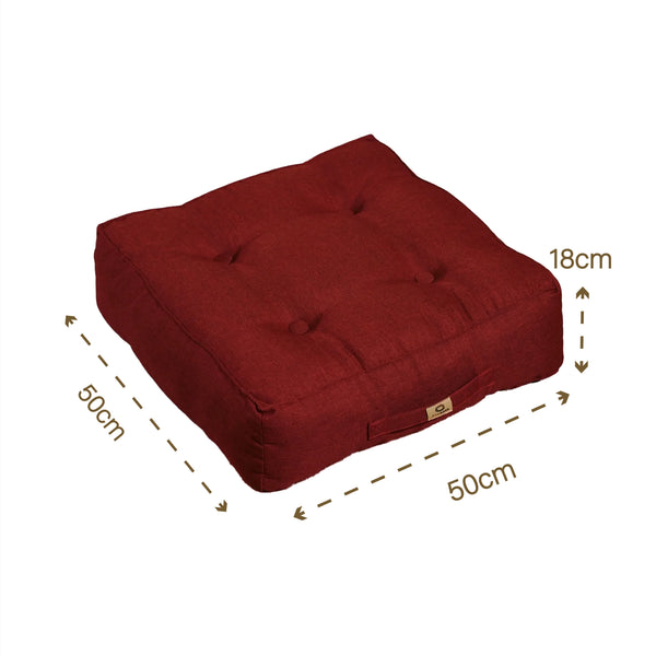 Deux poufs d’intérieur en effet lin rouge, 50x50 cm, épais 18 cm, design haut de gamme pour salon ou espace détente.