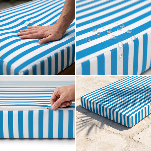 Matelas transat à rayures turquoise : mousse haute densité moelleuse, tissu déperlant, housse déhoussable, anti-UV