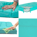 Trois coussins pour fauteuils et canapés en bleu Caraïbes, imperméables et épais, 15 cm, parfaits pour l'extérieur.