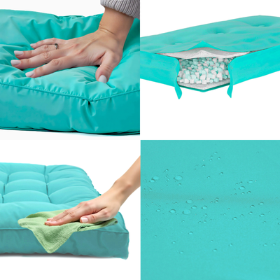 Trois coussins pour fauteuils et canapés en bleu Caraïbes, imperméables et épais, 15 cm, parfaits pour l'extérieur.