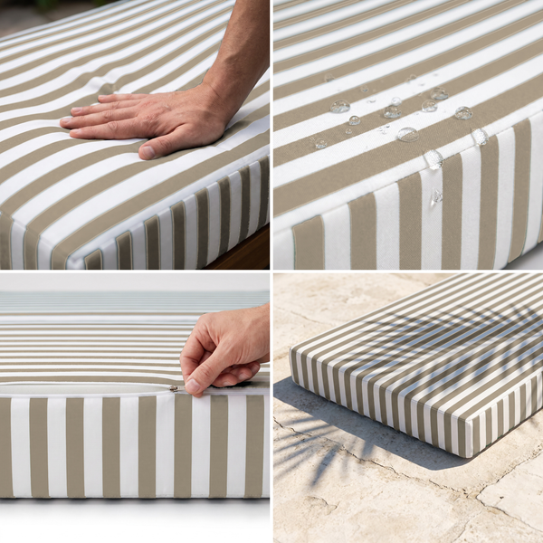Liegenauflage, beige Streifen: weicher hochdichter Schaumstoff, wasserabweisender Stoff, abnehmbarer Bezug, UV-beständig