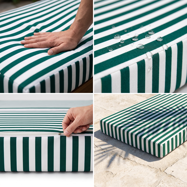 Sun lounger mattress, green stripes: soft high-density foam, water-repellent fabric, removable cover, UV-resistant