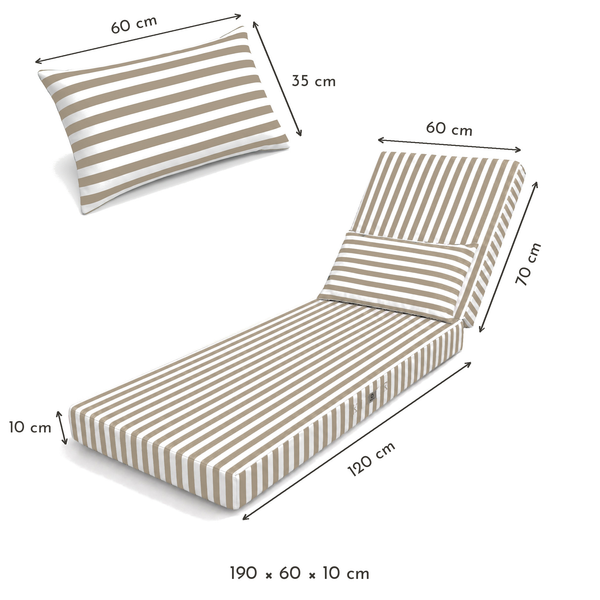 Liegenauflage, beige Streifen – Maße 190 x 60 x 10 cm (Sitzfläche 120 cm, Rückenteil 70 cm), Kopfkissen 60 x 35 cm