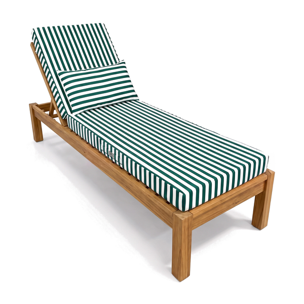 Premium sun lounger mattress, green stripes, on a teak lounger, white background