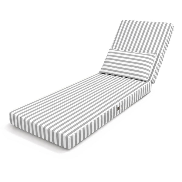 Premium ligstoeloplegkussen 190x60 Lichtgrijze strepen - Dik 10cm & Hoofdsteun (Afneembaar)