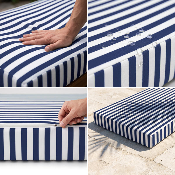 Matelas transat à rayures bleu marine : mousse haute densité moelleuse, tissu déperlant, housse déhoussable, anti-UV