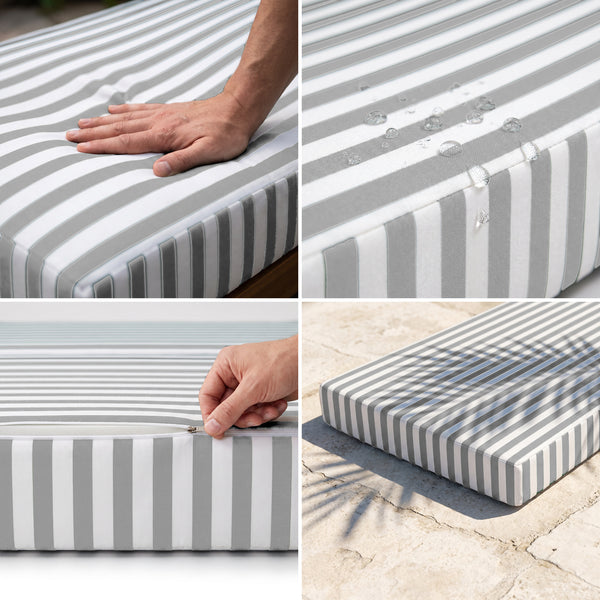 Matelas transat à rayures gris clair : mousse haute densité moelleuse, tissu déperlant, housse déhoussable, anti-UV