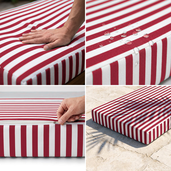 Matelas transat à rayures rouges : mousse haute densité moelleuse, tissu déperlant, housse déhoussable, anti-UV
