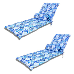 Lot 2 Coussins Chaise Longue 195x60 Motif Feuillage Bleu + 2 Traversins - Anti-UV
