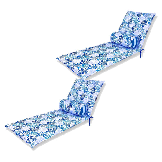 Set van 2 ligbedkussens 195x60, Blauw bladpatroon, met hun 2 nekrollen, op een witte achtergrond