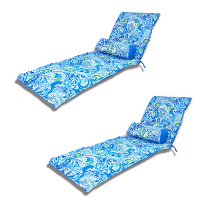 Deux coussins de chaise longue avec motif arabesque et deux traversins, résistants aux UV pour bains de soleil.