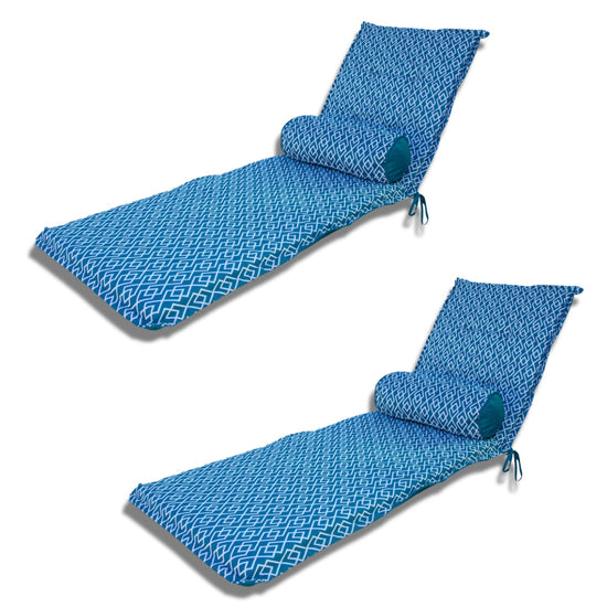 LOT de 2 Coussins pour Chaise Longue & Transat 195/60cm + 2 Traversin - AntiUV et Imperméable - Motif Géométrique Vert Turquoise - Deco-arts.fr