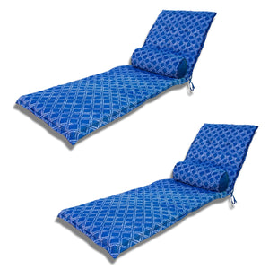 Lot 2 Coussins Chaise Longue 195x60 Motif Nautique Bleu + 2 Traversins - Anti-UV