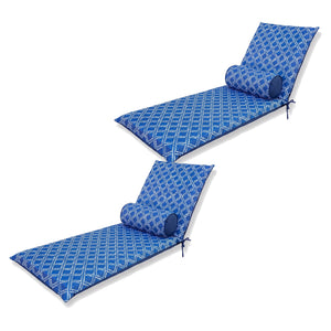 Set of 2 Chaise Longue Cushions 195x60 Motif Nautique Blue + 2 Bolsters - UV-Resistant