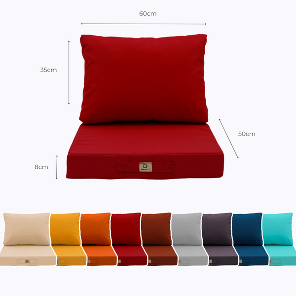 Ensemble de coussins pour salon de jardin rouge 50x60 cm, pour fauteuils et canapés, avec assise et dossier, de Deco-arts.fr.
