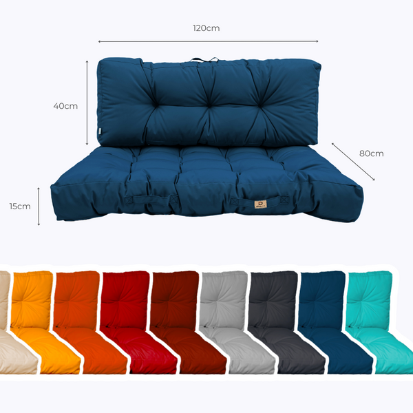 Coussins pour fauteuils et canapés Deco-arts.fr en bleu pétrole, ensemble palette 120x80 cm, imperméables et épais 15 cm