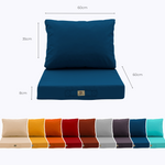 Ensemble de coussins pour salon de jardin 60x60 cm bleu pétrole, déhoussables et anti-UV, pour fauteuils et canapés.