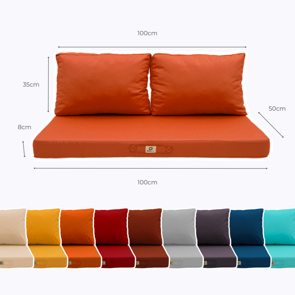 Ensemble de coussins de salon jardin orange 100x50cm, déhoussables, anti-UV avec 1 assise et 2 dossiers pour fauteuils et canapé.