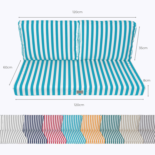 Ensemble de coussins de salon jardin rayés turquoise, 120x60 cm, pour fauteuils et canapés, en tissu 270g, par Deco-arts.fr