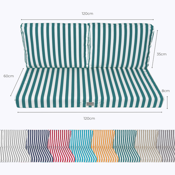 Ensemble de 3 coussins de salon de jardin rayés vert pour fauteuils et canapés, 120x60 cm, tissu premium 270g.