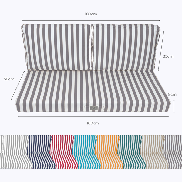 Ensemble de 3 coussins pour salon de jardin gris foncé à rayures, 100x50 cm, pour fauteuils et canapés, en tissu 270g.