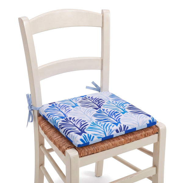 35x35 chair pad Blue Foliage Pattern tied to a chair