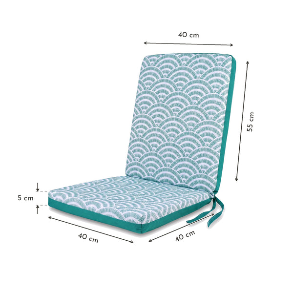 Coussin de chaise haut dossier motif Éventails Verts – assise 40 x 40 cm, dossier 55 x 40 cm, épaisseur 5 cm