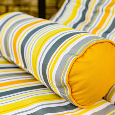 Matelas transat 195x60 cm à rayures solaires, avec traversin, anti-UV et déperlant, pour bains de soleil confortables.