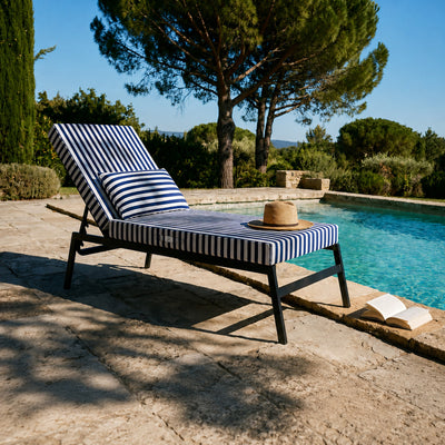 Matelas Transat Premium 190x60 Rayure Bleu Marine - Épais 10cm & Têtière (Déhoussable)