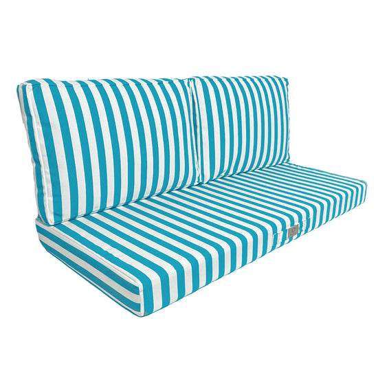 Ensemble de 3 coussins de salon jardin rayés turquoise, pour fauteuils et canapés, avec assise et dossiers, en tissu 270g.