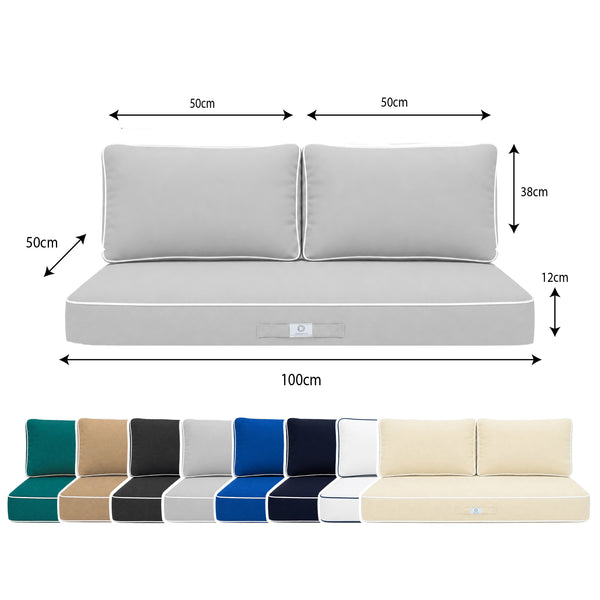 Premium Cushion Set 100x50 Light Grey - 1 Seat + 2 Backrests (Thick 12cm & Passepoil)