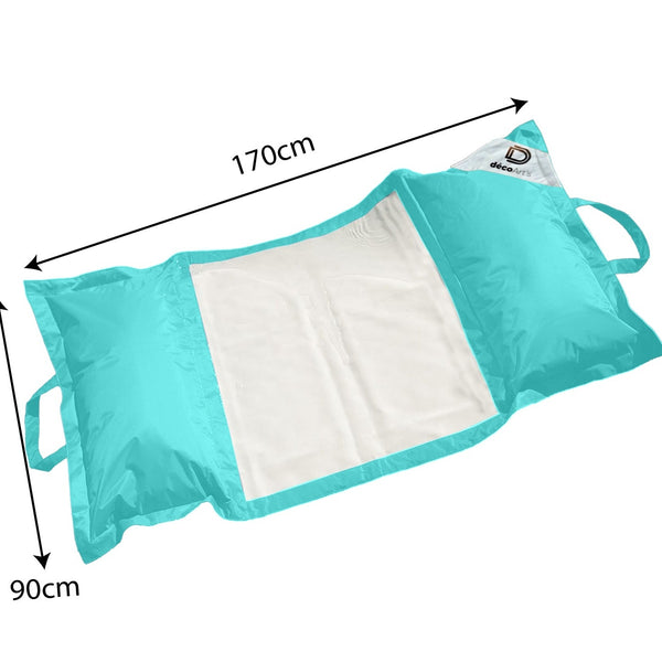 Pouf flottant de piscine XXL 170x90 cm en bleu Caraïbes, matelas hamac à billes pour extérieur, confort adulte.