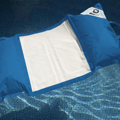 Pouf flottant piscine XXL bleu pétrole de 170x90 cm, matelas hamac à billes pour confort extérieur adulte.