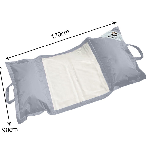 Pouf flottant de piscine XXL gris galet, matelas hamac à billes pour extérieur, confort adulte, image en gris clair.