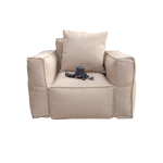 Coussin modulable de jardin beige pour fauteuils et canapés, tissu Olefin avec cœur gonflable et pompe incluse, décor extérieur.