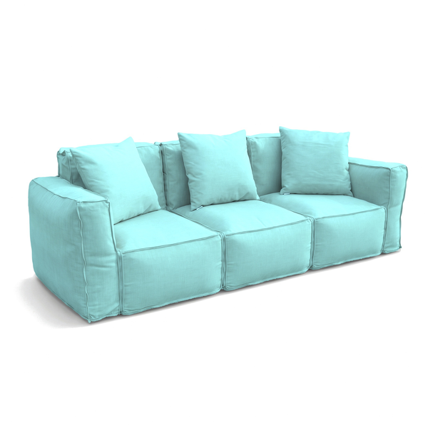 Three Caribbean Blue modular armchairs zipped together into a 3-seater sofa