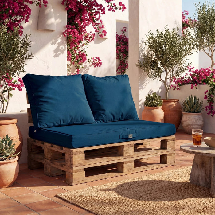 Palettenkissen-Set mit abnehmbarem Bezug 120x80 Petrolblau - Wasserdicht & Extérieur (1 Sitzfläche + 2 Rückenlehnen)