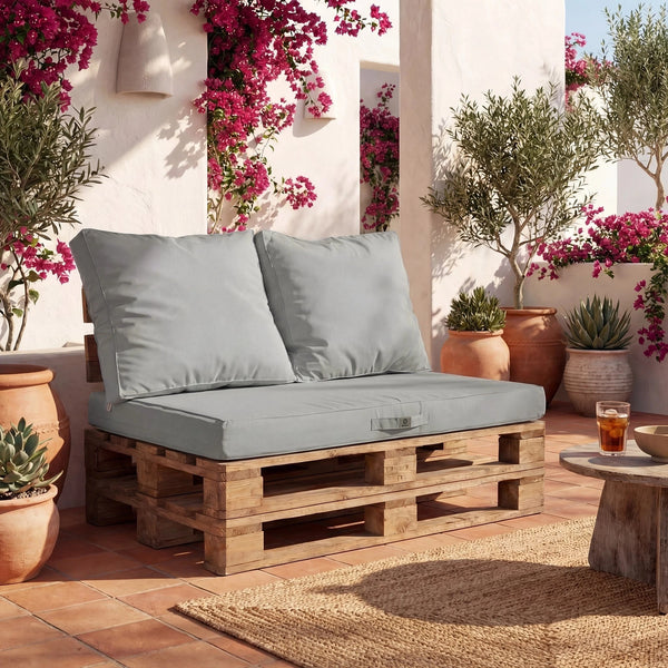 Conjunto de Almofadas para Palete com Capa Amovível 120x80 Cinzento Seixo – Impermeável & Extérieur (1 Assento + 2 Encostos)